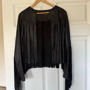 All Saints Black Cropped Leather Jacket with Fringe - size small